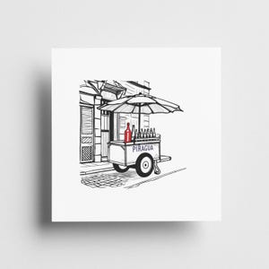 Puede incluir: Ilustración en blanco y negro de un carrito de Piragua en la calle. El carrito tiene una botella roja y varias botellas más pequeñas. El carrito está bajo una sombrilla blanca. La palabra "PIRAGUA" está escrita en el carrito.