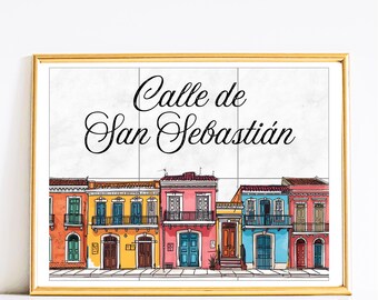 San Sebastián Street Digital Art – Puerto Rico Poster & Postcard, Colorful Colonial Architecture Illustration