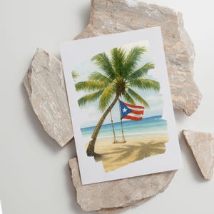 Puerto Rico Beach Art Print – Tropical Palm Tree with Flag – Boricua Coastal Decor