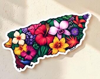 Puerto Rico Floral Sticker – Tropical Island Shape with Hibiscus & Orchids, Boricua Pride Decal