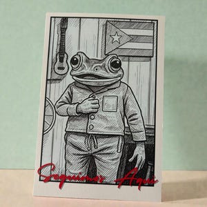 May include: Black and white illustration of a frog-like character wearing a button-up shirt and pants. The frog is standing in front of a wooden wall with a Puerto Rican flag and a guitar. The text "Seguimos Aqui" is written in red.