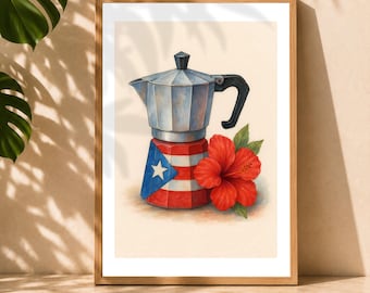 May include: Watercolor print of a coffee maker with the Puerto Rican flag design on the bottom. A red hibiscus flower and green leaves are next to the coffee maker. The print is in a wooden frame.