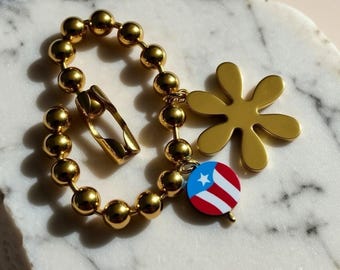 Gold Beaded Bracelet with Puerto Rican Flag Charm – Cultural Jewelry Gift