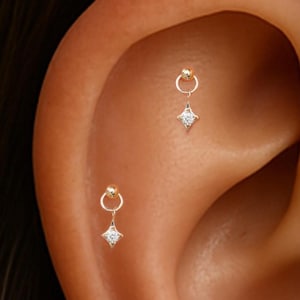 14K Solid Gold Diamant Stern Piercing / Celestial Helix Flat Back Stud / Baumeln Edelstein Conch Lobe Stud / Clear CZ Push Back / Threadless Push Pin