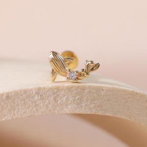 14K Solid Gold CZ Whale Helix Earring/Fish Tragus Lobe Stud/Clear CZ Dolphin Labret Piercing/Threadless Push In/Nose Conch Flat Back