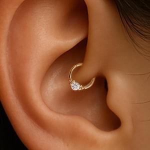 14K Solid Gold Diamond Daith Clicker/Helix Seamless Ring/Hinged Septum Nose Hoop/Clear CZ Labret/Gemstone 16G Tragus Hoop/Multi-size Clicker