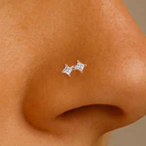 14K Solid Gold Double Moissanite Nose Stud/L Shaped Diamond Nose Ring/S Shaped Nose Piercing/Sparkly Screw Nose Jewelry/Real Gold Nose Stud