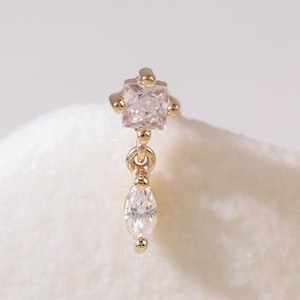 14K Solid Gold Dangle Clear CZ Stud/CZ Drop Piercing/Flat Back Earring