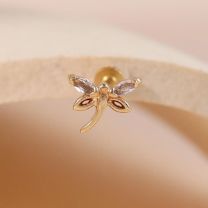 14K Solid Gold Labradorite Dragonfly Helix Piercing/Insect Tragus Stud/Gemstone Labret Push Back/Threadless Push In/Nose Conch Flat Back