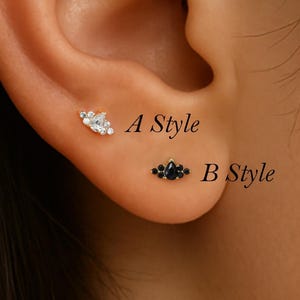 14K Solid Gold Cluster Threadless Stud/Black & White Gem Cartilage Piercing/Helix Flat Back Stud/Lobe Conch Push Back/Diamond Starburst Stud