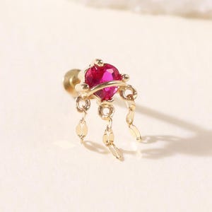 14K Solid Gold Ruby Heart Piercing/Dangle Lip Chain Lobe Stud/Red CZ Cartilage Earring/Threadless Push Pin/Drop Link CZ Conch Flat Back