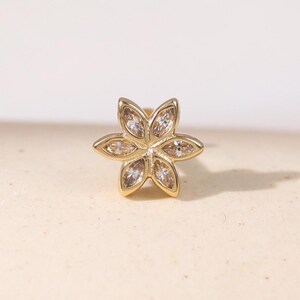 14K Solid Gold Clear CZ Flower Piercing/Floral Tragus Earrings/Marquise Cut CZ Push Back Stud/Petals Nose Conch Flat Back/Cartilage Jewelry