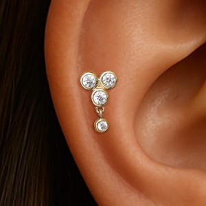 14K Solid Gold Diamond Cluster Piercing/Round Bezel Helix Flat Back Earring/Dangle Gemstone Conch Lobe Stud/Clear CZ Threadless Push Pin