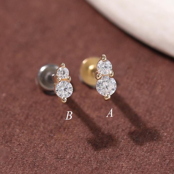 Ultrakleine oorstekers met dubbele diamant en platte achterkant, gemaakt van 14 karaats massief goud: oorstekers voor kraakbeen, helix of oorlel.