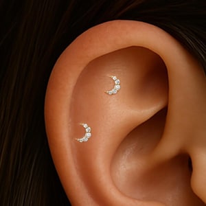 14K Solid Gold Diamant Mond Helix Push Pin/Edelstein Halbmond Piercing/Knorpel Tragus Bolzen/CZ Threadless Push Back/Gold Celestial Flat Back