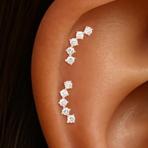 May include: Close-up of an ear adorned with two rows of small, sparkling diamond earrings. Each row curves along the ear's cartilage, creating a delicate and elegant look. The diamonds are set in a light-colored metal, reflecting light and adding a touch of glamour.