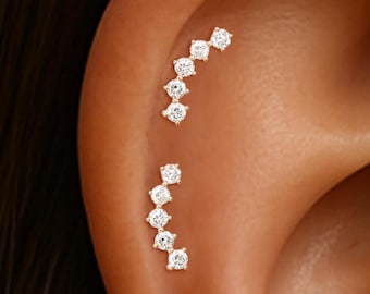 14K Solid Gold Diamond Climber Earring/Helix Conch Piercing/Flat Back Stud