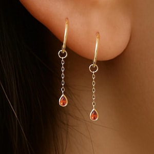 14K Solid Gold Garnet Cable Chain Charm/Teardrop Clicker Charm/Red Birthstone Helix Charm/Tragus Conch Chain Piercing/Dangle Chain Charm