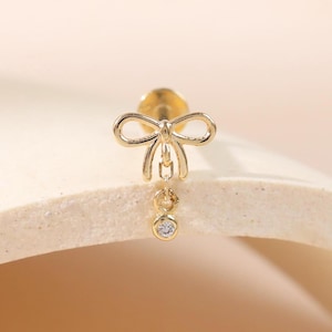 14K Solid Gold Bow with Moissanite Screw Flat Back/Dangle Gemstone Cartilage Stud/Tragus Threaded Pin Piercing/Ribbon Helix Earlobe Stud