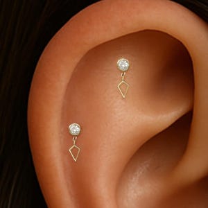 14K Solid Gold Dangle Diamond Threaded Pin/ Helix Tragus Stud/Dangle Spike Flat Back/14K Labret Conch Lobe Screw Back Piercing