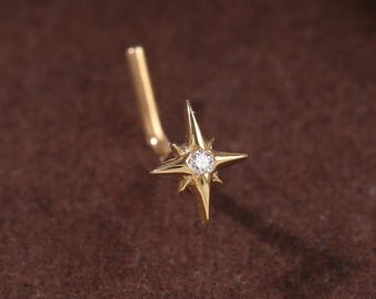 14K Solid Gold Star CZ Nose Stud, Celestial L Shape / S Shape Handcrafted Piercing