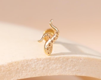 14K Solid Gold Octopus Tentacle Piercing/Sea Creature Lobe Stud/Helix Labret Piercing/Gold Threadless Push Pin/Nose Conch Tragus Flat Back