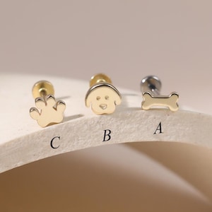14K Solid Gold Dog Stud Earring/Paw Print, Bone, Puppy Face Piercing Set