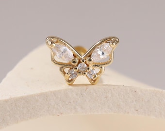 14K Solid Gold Clear CZ Butterfly Earring: Tragus Cartilage CZ Push Pin Flat Back Piercing