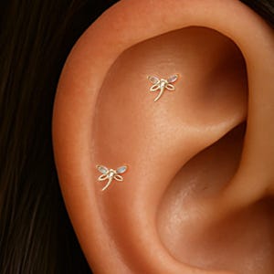 14K Solid Gold Labradorite Dragonfly Helix Piercing/Insect Tragus Stud/Gemstone Labret Push Back/Threadless Push In/Nose Conch Flat Back