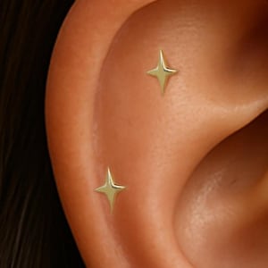 14K Solid Gold Four-Pointed Star Helix Push Back/Celestial Tragus Cartilage Stud/Conch Threadless Push In Stud/Polaris Nose Labret Piercing