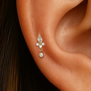 14K Solid Gold Dangle Moissanite Helix Screw Flat Back Stud/Dangle Cartilage Stud/Tragus Earlobe Threaded Pin/Diamond Flat Back Earring