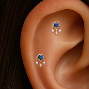 14 kt massief gouden saffier helix push-back/hangende diamant tragus stud/doorzichtige cZ labret piercing/draadloze push pin/blauwe CZ neus conch platte achterkant
