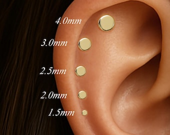 14K Solid Gold runde Scheibe Helix flache Rückseite / 14K Tragus Stud / Knorpel Threadless Push Pin Stud / winzige Nase Labret Stud / 1,5 mm - 4 mm Ohrring