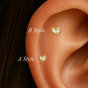 14K Solid Gold Heart Diamond Cut Stud/Threadless End Tragus Stud/Helix Nose Push Back/Love Heart Flat Back Piercing/Tragus Conch Earring