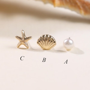 14K Solid Gold Mini Ocean Stud Set/Starfish Helix Flat Back/Shell Threadless Pin Piercing/Pearl Tragus Conch Lobe Earring/Gold Earlobe Stud