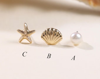Conjunto de mini pendientes de oro macizo de 14 quilates con forma de océano/pendiente de hélice con estrella de mar de parte trasera plana/pendiente de concha sin rosca/pendiente de lóbulo con perla para tragus/pendiente de lóbulo de oro