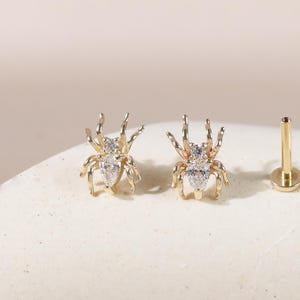 14K Solid Gold Spider Piercings/CZ Tragus Cartilage Earring/Threadless Push Pin/Insect Labret Conch Lobe Piercing/Delicate Gift for Woman