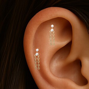 14K Solid Gold Double Diamond Helix Piercing/Dangle Gemstone Lobe Stud/Clear CZ Push Back/Threadless Push In/Flash O Chain Flat Back Stud