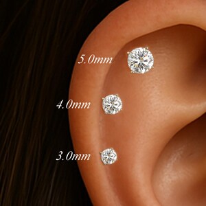 14K Solid Gold Four-Prongs Diamond Piercing/Multi-Size Tragus Flat Push Back/Clear CZ Cartilage Helix Stud/Labret Upper-lobe Conch Earring