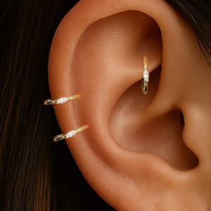 14K Solid Gold Marquise Cut Diamond Clicker/14K Rook Seamless Ring/Hinged Huggie Hoop/Clear CZ Nose Jewelry/18G 8mm Hoop Helix Conch Ring