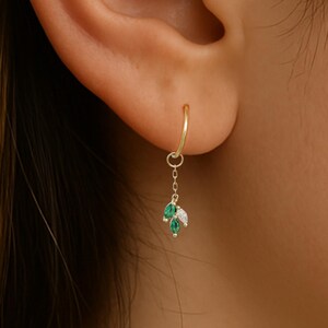 14K Solid Gold Dangle Diamond Leaf Charm/Green CZ Lobe Clicker/Plant Cartilage Helix Hoop/Cable Chain Nature Charm/Gold Olive Clicker Charm