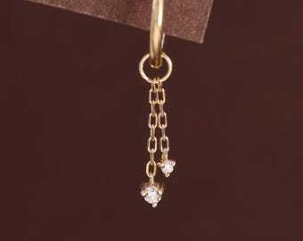 14K Solid Gold Dangle Diamond Chain Charm/Double Layer Moissanite Clicker Pendant/CZ Cartilage Lobe Accessory/Cable Chain Conch Piercing