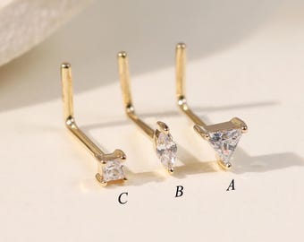 Clou de nez en or massif 14 carats CZ transparent/anneau de nez triangle en forme de L/piercing nez marquise/bijoux de nez à vis CZ transparent/piercing carré en or véritable