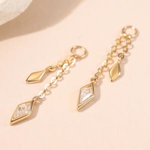 14K Solid Gold Dangle Clear CZ Shape Charm/Double Layer Clicker Charm/Rhombus Cartilage  Charm/Cable Chain Rook Charm/Lobe Gemstone Chain
