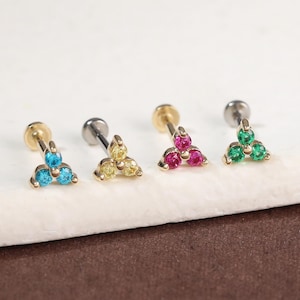 14K Solid Gold Birthstone Earring/Triple CZ Birthstone Cartilage Flat Back Stud//Threadless Push Pin/Helix Lobe Conch Piercing/Gift For Her