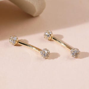 14K Solid Gold Dual Ball Barbell/Pave CZ Rook Stud/Internally Threaded 16G Piercing/Gold Eyebrow Helix Conch Jewelry/CZ Style Curve Bar