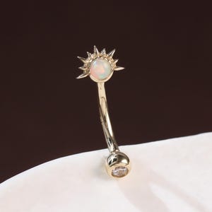 Tournesol en or massif 14 carats, filetage interne tour/opale avec bague tour CZ/anneau de ventre pour sourcils piercing/anneau d'haltères incurvé/boucle d'oreille fleur 16G