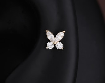 14K Solid Gold Butterfly Stud Piercing: Clear CZ Tragus Conch Lobe Labret Cartilage Flat Back Earring