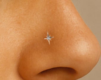 14K Solid Gold Star Screw Nose Stud/Diamond L Shaped Nose Piercing/Polaris S Shaped Nose Jewelry/Celestial Nose Jewelry/Clear CZ Nose Stud