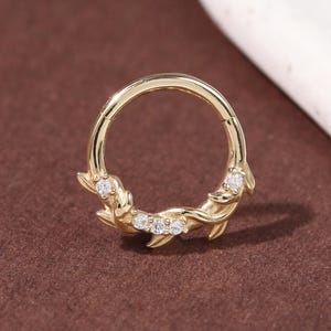 14K Solid Gold Clear CZ Vine Clicker: CZ Leaf Shape Septum Nose Daith Hoop Earring